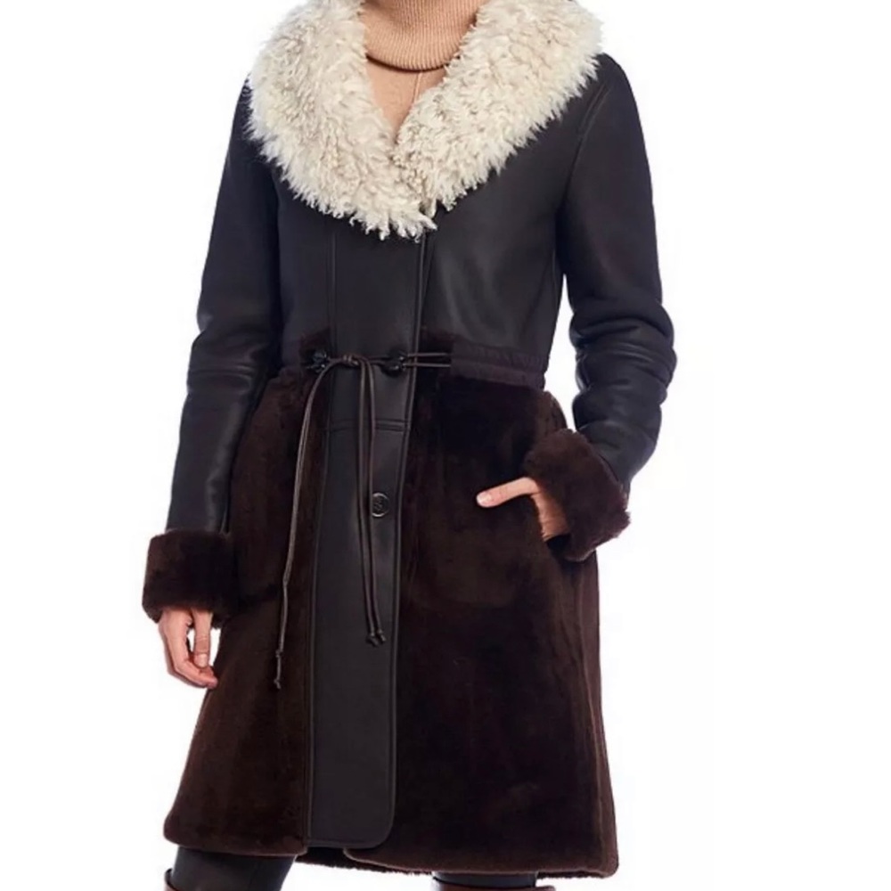 Antonio Melani Charlotte Genuine Leather & Real Lamb Fur Button Front Coat, XS.